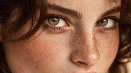 Close-up portrait of a young woman with stunning eyes and natural freckles, capturing beauty and emotion.