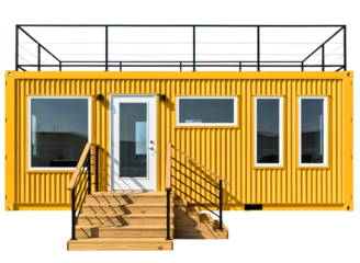 Bright yellow shipping container home with windows and stairs isolated on transparent background
