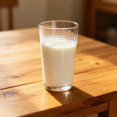 Clear glass container holds white beverage resting upon sunlit wooden surface