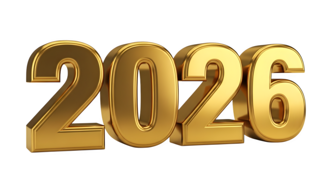 Shimmering gold 3d render of the year 2026 for future concepts