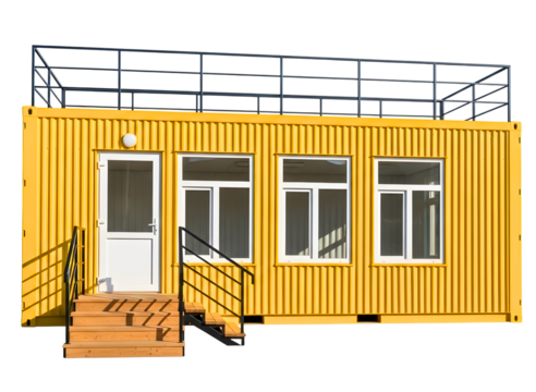 Yellow portable office container with windows and stairs isolated on transparent background