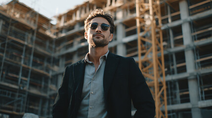 Confident businessman in sunglasses standing proudly at a construction site, showcasing modern architecture.