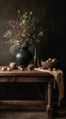 Dramatic Still Life - Antique Table with Vase, Dried Flowers, and Fruit, Dark Mood.