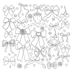 Coquette Bows Collection Outline Vector, Hand Drawn Ribbon Bows Line Art Doodle, Trendy Preppy Girly Bows Coloring Page Hand Drawn Design