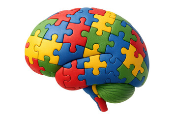 Brain puzzle pieces forming a colorful human organ, illustrating autism spectrum disorder, mental health, and intelligence concepts