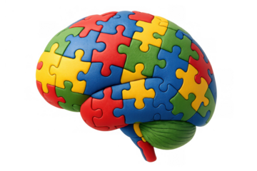 Brain puzzle pieces forming a colorful human organ, illustrating autism spectrum disorder, mental health, and intelligence concepts