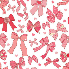 Coquette Valentine Bows Seamless Pattern, Girly Pink and Red Digital Paper,Trendy Ribbon Bows Fabric Design Vector
