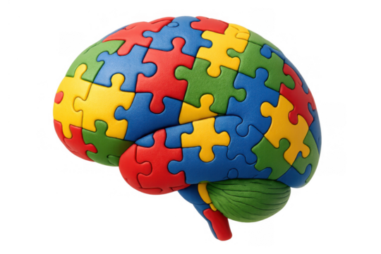Brain puzzle pieces forming a colorful human organ, illustrating autism spectrum disorder, mental health, and intelligence concepts