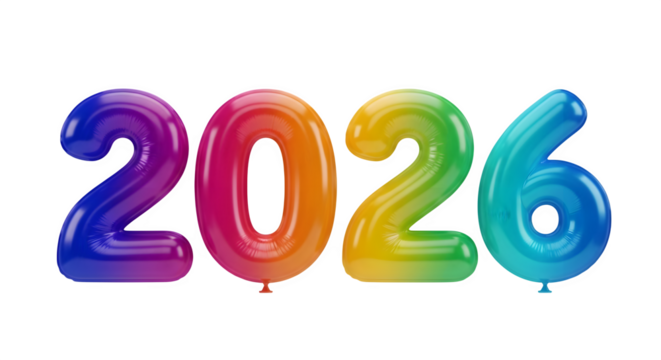 Colorful iridescent balloons forming the year 2026 for celebrations