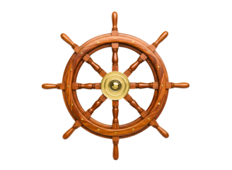 Wooden ships wheel with brass accents, isolated on transparent background