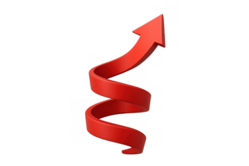 Red spiral arrow pointing up, symbolizing growth, success, progress, and increasing business performance on transparent background