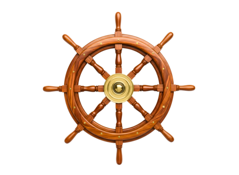 Wooden ships wheel with brass accents, isolated on transparent background