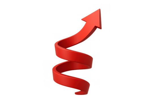 Red spiral arrow pointing up, symbolizing growth, success, progress, and increasing business performance on transparent background
