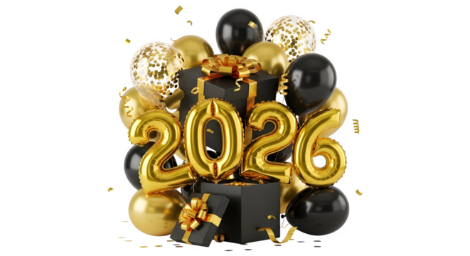 Golden 2026 new year celebration with elegant balloons and gifts