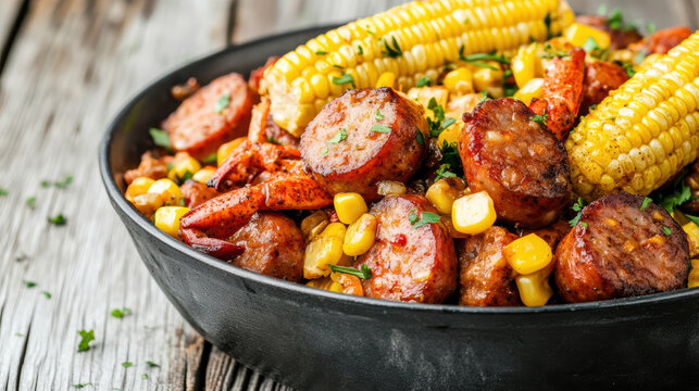 Spicy seafood boil with sausage corn and parsley, warm communal comfort food