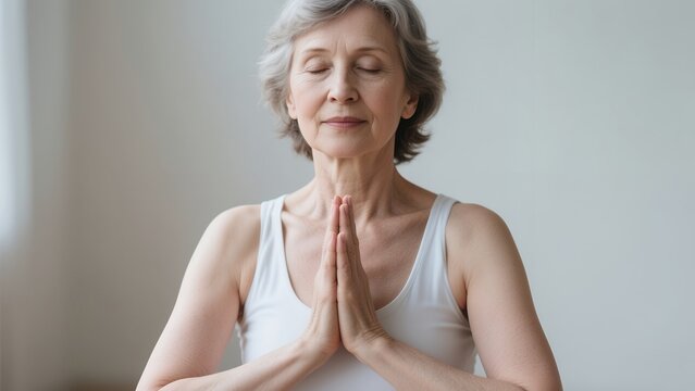 Caucasian Senior Woman in Yoga Wear Meditating with Eyes Closed and Hands in Prayer