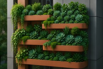 Vibrant vertical garden showcasing diverse succulents and trailing foliage on a contemporary urban building