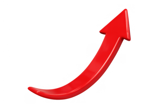Red 3d arrow that ascends, representing economic advancement, corporate success, and rising market patterns with a clear background