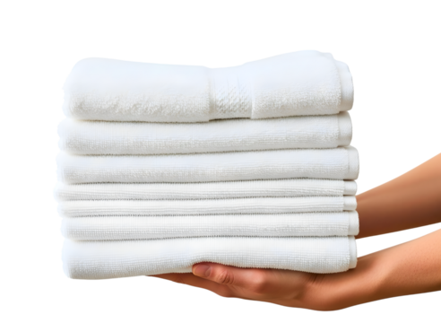 Stack of clean white bath towels held by hands, isolated on transparent background