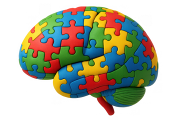 Brain made of colorful jigsaw puzzle pieces representing autism awareness, neurodiversity, and mental health challenges