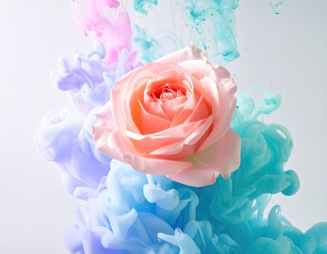 Rose blooms amidst blue/purple/pink ink swirls in water - Powered by Adobe