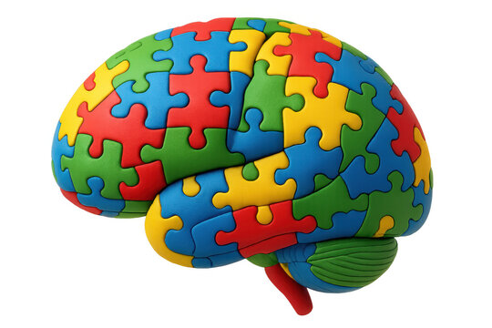 Brain made of colorful jigsaw puzzle pieces representing autism awareness, neurodiversity, and mental health challenges