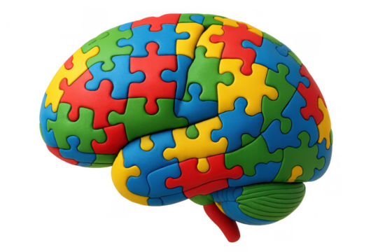 Brain made of colorful jigsaw puzzle pieces representing autism awareness, neurodiversity, and mental health challenges