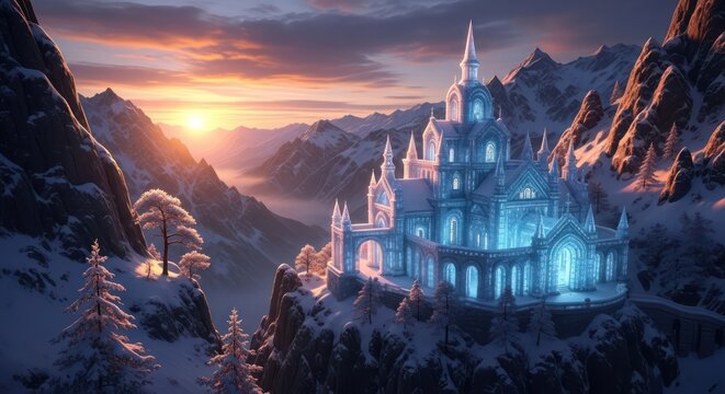 Majestic ice palace on a snowy peak illuminated by a breathtaking sunrise landscape