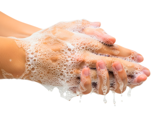 Closeup of hands washing with soap and water, isolated on transparent background