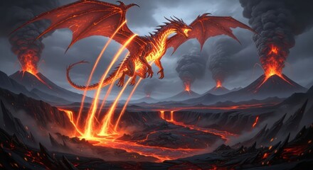 Dragon soars above volcanic landscape with fiery rivers and erupting mountains