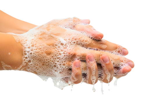 Closeup of hands washing with soap and water, isolated on transparent background