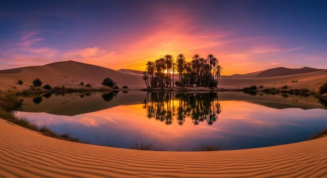 Idyllic desert oasis scene with palms reflected in calm water under a vibrant sunset