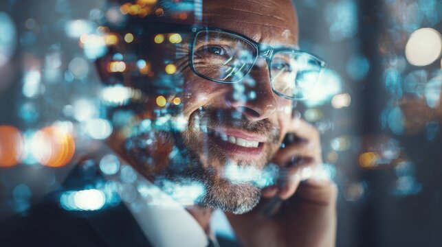 Business in focus: the engaging presence of a tech-savvy executive. Market forecast. Modern businessman's portrait: a subtle play of colors and style. Financial planning. Economic growth.