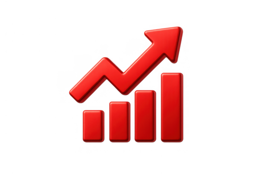 Red arrow moving upwards over bar chart showing business growth, increasing trend, financial success, and market progress in 3d rendering