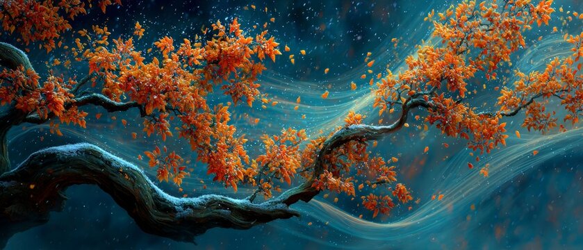 Where autumn meets winter: a dance of leaves and snowflakes. Wireless signal. Close-up of orange and yellow leaves on a branch beneath the season's first snow. Network signals.