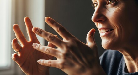Close up of a mature woman passionately talking and gesturing with her hands in dramatic light.
