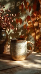 Serene Autumn Moment - A Rustic Mug Bathed in Warm, Dappled Sunlight.