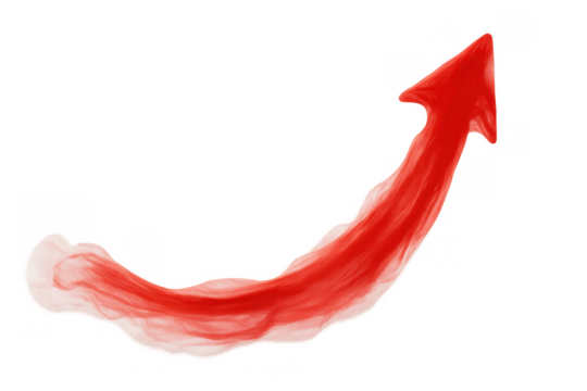 Red arrow icon charting upward growth and success, indicating progress with a watercolor aesthetic, transparent background