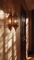 Ornate Moroccan Lantern Casting Intricate Shadows on a Textured Wall, Warm Light.