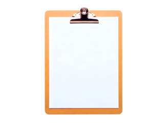 Orange clipboard with blank white paper isolated on transparent background