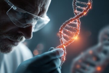 Unraveling the secrets of dna with modern technology. Robotic soul. Scientific journey through subtle blues and digital dna patterns in research space. Ai being. Machine persona.