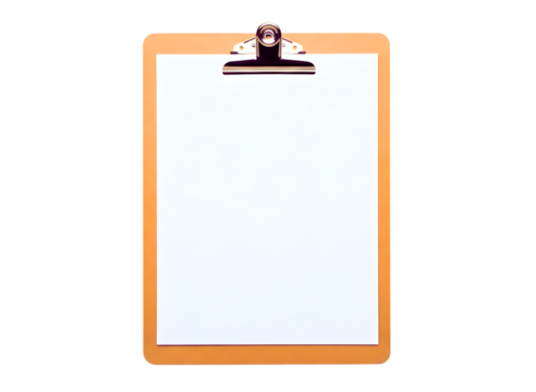 Orange clipboard with blank white paper isolated on transparent background