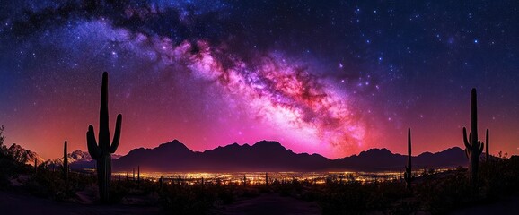 Star-filled night sky with vibrant milky way arching over silhouetted saguaro cacti, distant mountain range and glowing city lights, evoking awe and serene wonder