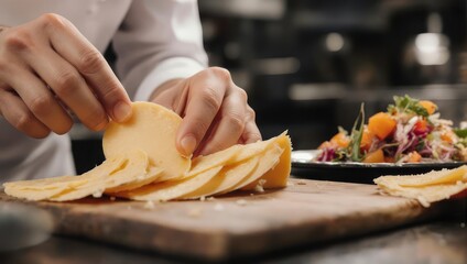 Chefs Hands Preparing Fresh Pasta on Wooden Board in Kitchen.