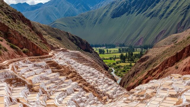 Panoramic landscape of the salineras de maras salt mines in the sacred valley of peru. The ancient terraced evaporation ponds are a famous tourist destination in the andes