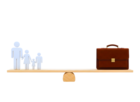 Family versus briefcase on a balance scale isolated on transparent background
