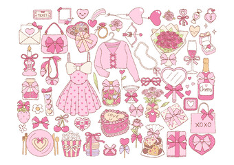 Coquette Valentine Collection Vector, Hand Drawn Date Night Valentine Doodle, Trendy Preppy Girly Valentine Hand Drawn Design Vector