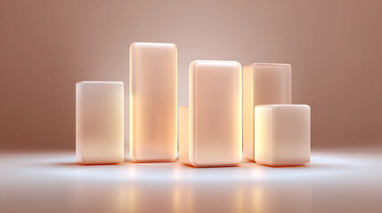 Elegant Business Graph Visualization: A sophisticated business graph, represented by glowing bars, rises from a reflective surface against a soft backdrop, embodying growth, data analysis.