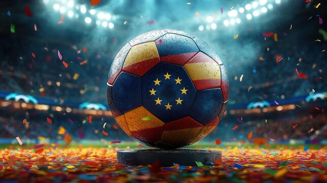 soccer ball painted with blue center and a circle of golden stars, red and yellow panels, mounted on a pedestal amid confetti in a floodlit stadium, triumphant celebratory mood - Powered by Adobe