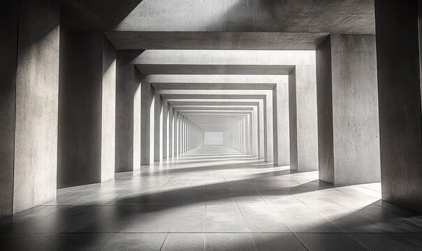empty monochrome concrete corridor with repeating square pillars and overhead beams, tiled floor, dramatic light and shadow patterns, deep vanishing perspective, calm and mysterious mood - Powered by Adobe